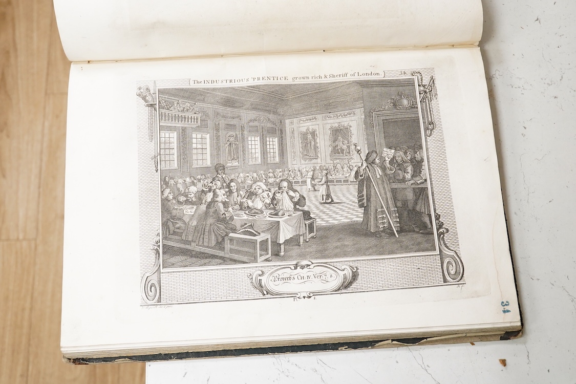 An album of 18th century and later etchings after William Hogarth (1697-1764), to include 'The Reward of Cruelty', 'Strolling Actresses Dressing in a Barn' and 'The Company of Undertakers', with handwritten ink itinerary